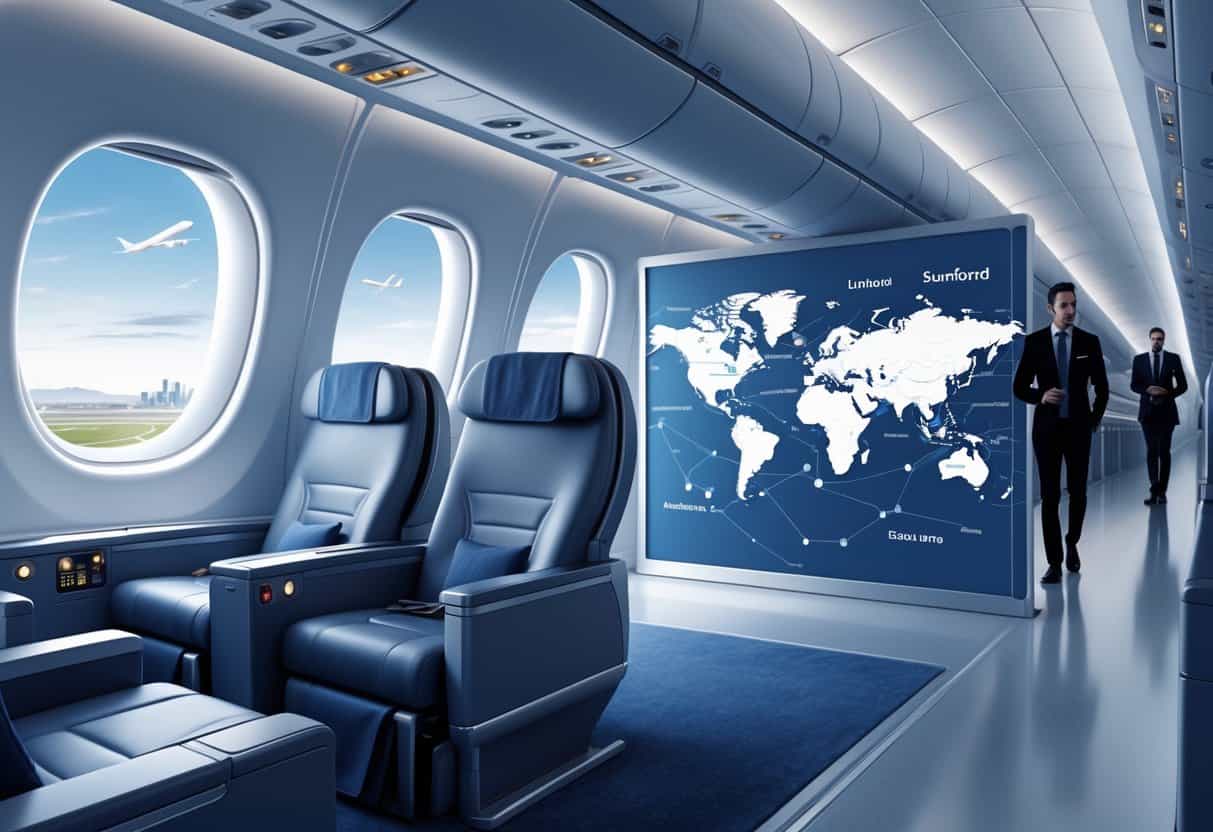 An airplane interior with spacious business class seats and a flight route map from Stamford, Connecticut to Europe.