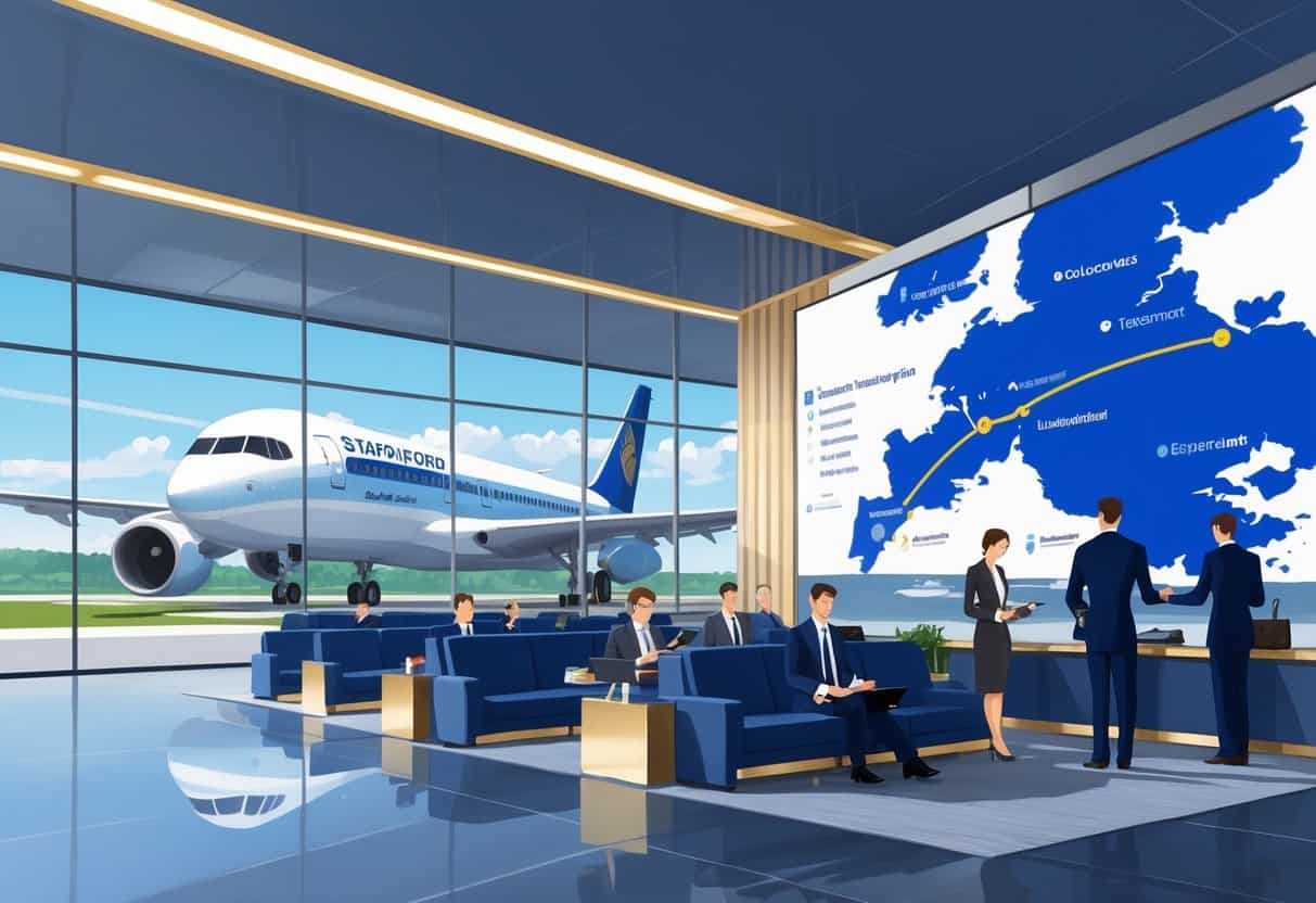 Business travelers in a modern airport lounge preparing for flights from Stamford, Connecticut to Europe, with an airplane visible outside and a flight path map in the background.