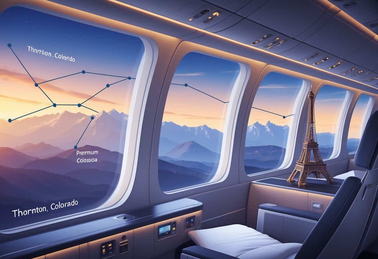 An airplane cabin with luxurious business class seats and flight attendants, showing a map outside the window connecting Thornton, Colorado to famous European landmarks.