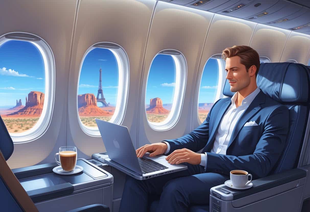 A business traveler seated comfortably in a spacious airplane cabin flying over a desert landscape with European landmarks visible in the distance through the windows.