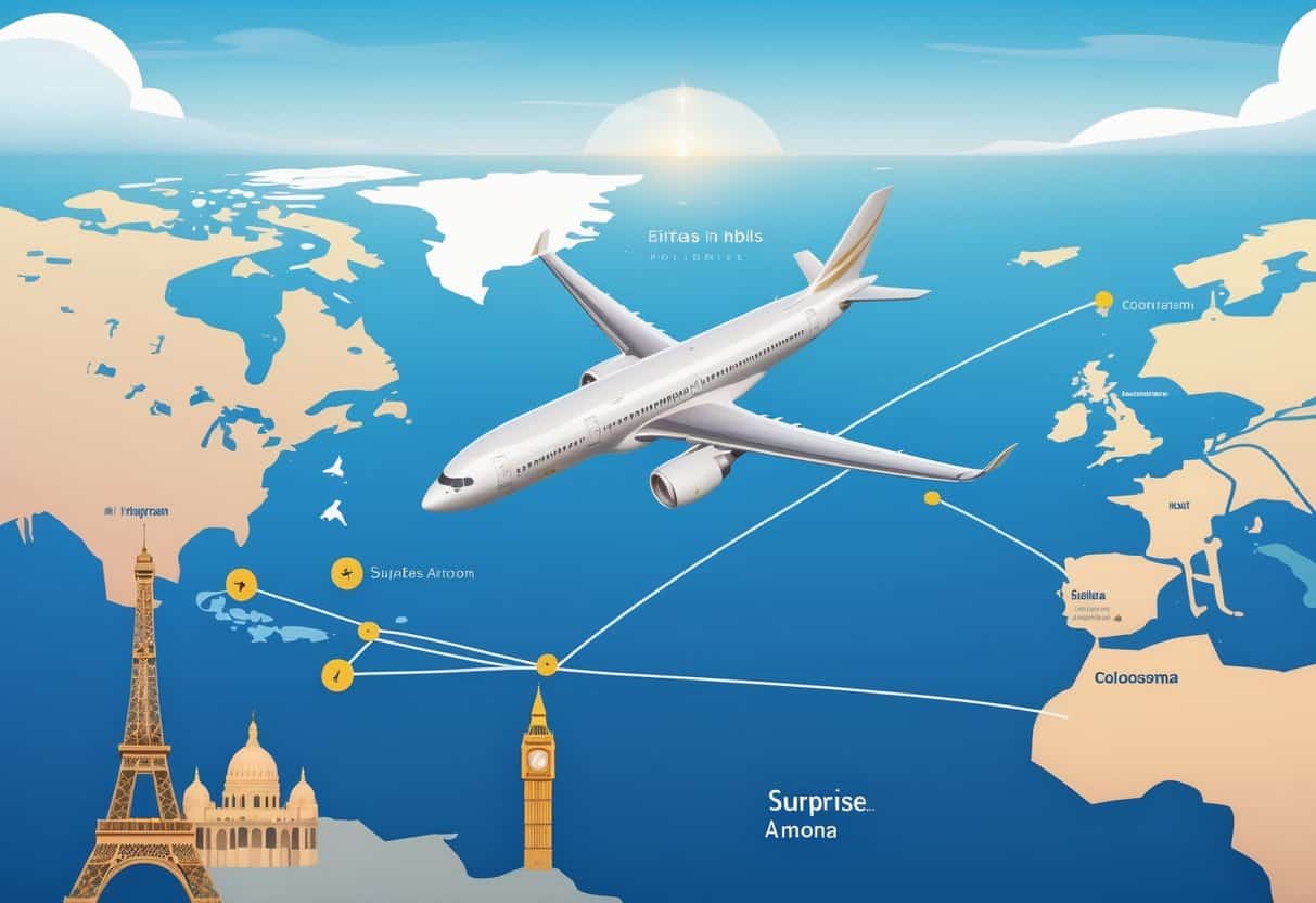 An airplane flying over a map showing a route from Surprise, Arizona to several European cities with famous landmarks in the background.