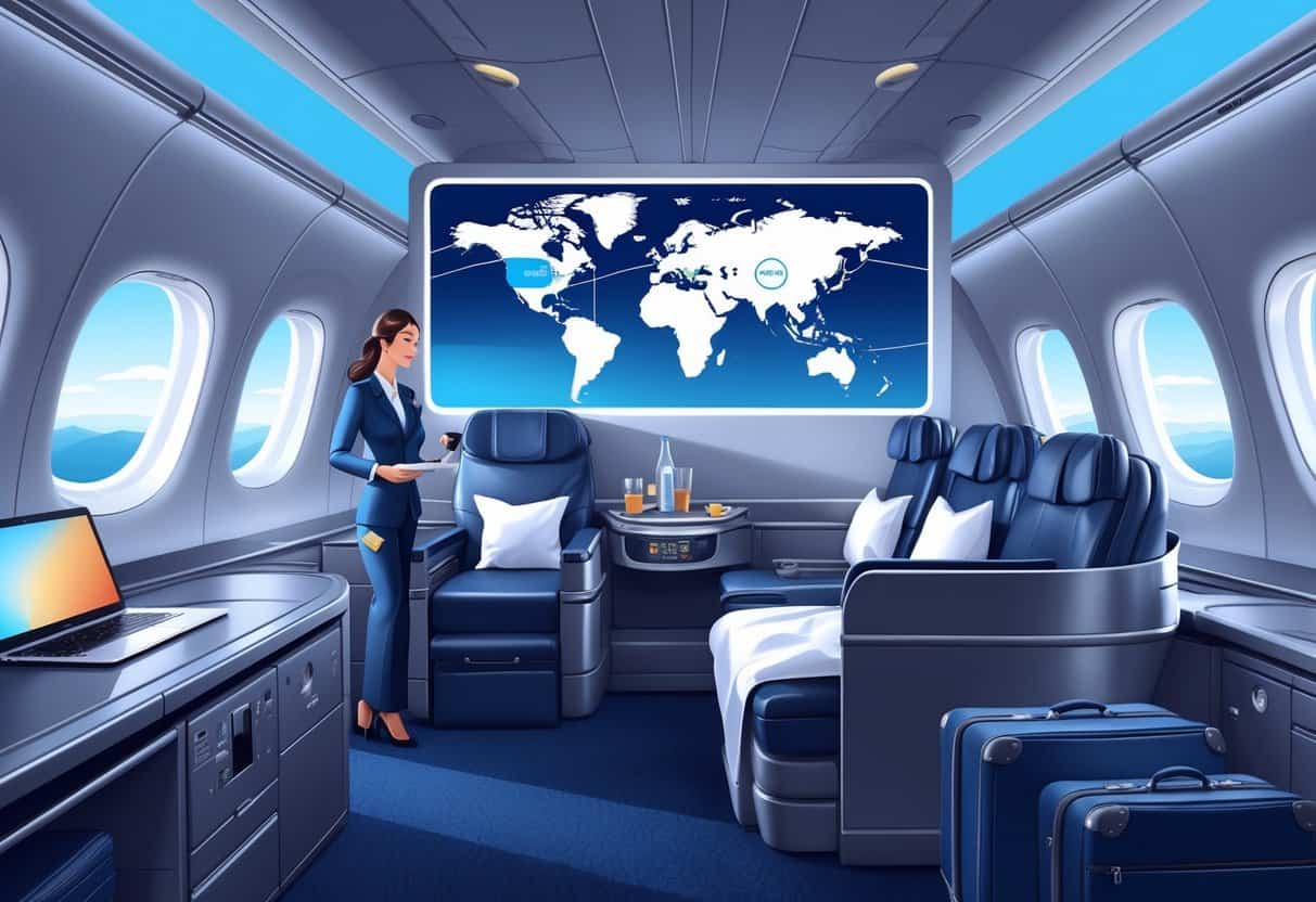 An airplane business class cabin with comfortable seats and a flight route map from Tulsa, Oklahoma to Europe in the background.