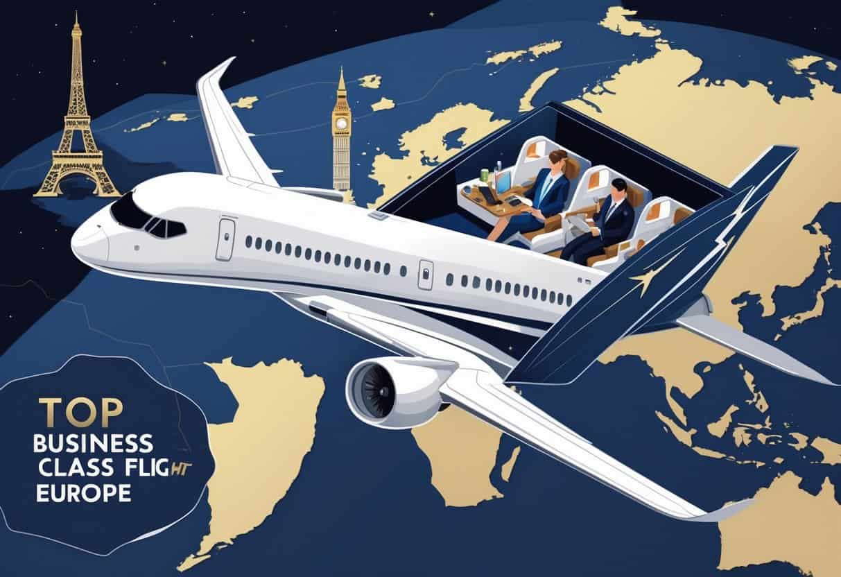 An airplane flying over a map from Tulsa to Europe with passengers enjoying a comfortable business class cabin and European landmarks in the background.