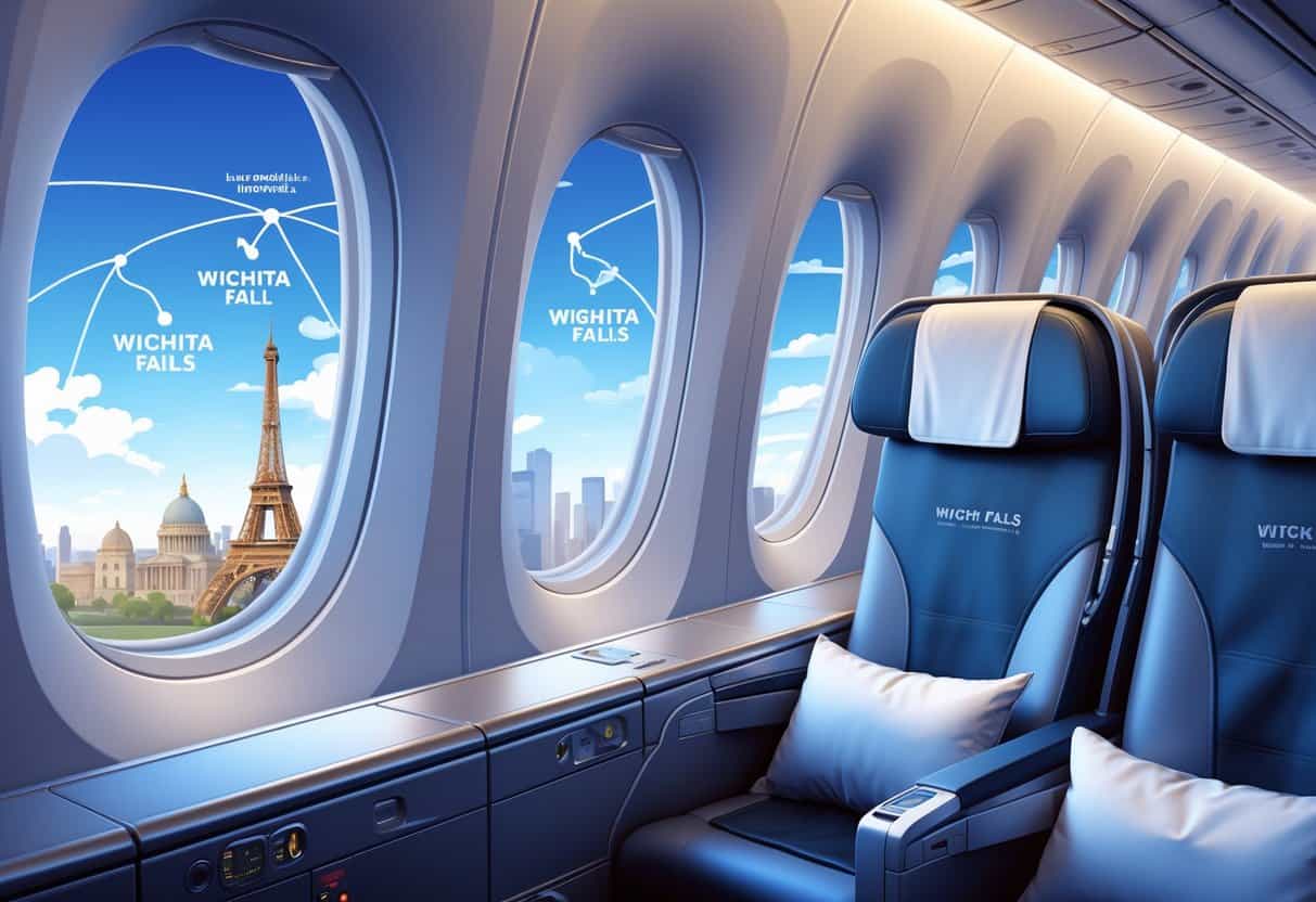 Interior of a business class airplane cabin with large windows showing a view of a city and a flight path leading to famous European landmarks.