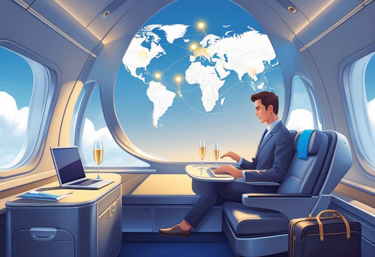 An airplane business class cabin with comfortable seats and a map showing flight routes from Wichita Falls to major European cities.