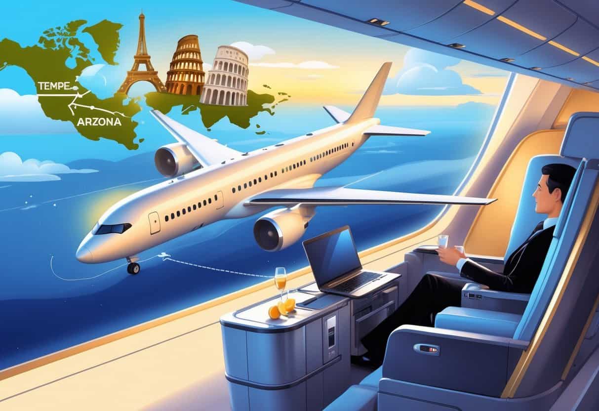 An airplane flying over a map from Tempe, Arizona to Europe with famous European landmarks and a business traveler seated comfortably in a premium airplane cabin.