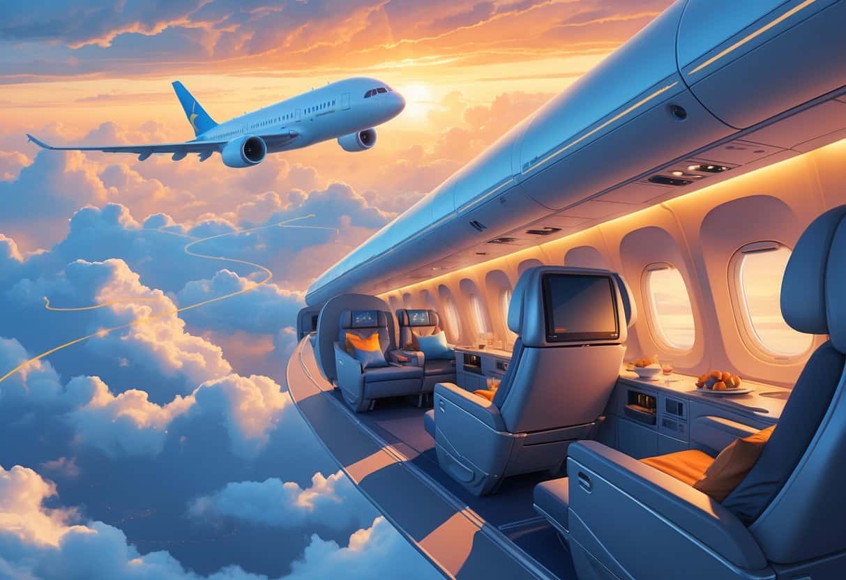 An airplane flying above clouds with a flight path from California to Europe, showing business class seats inside and famous European landmarks in the background.