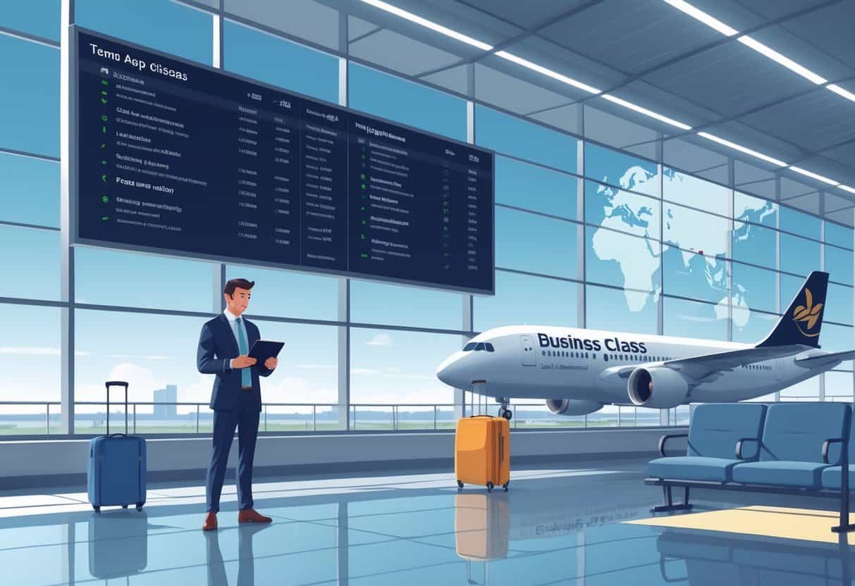 A business traveler at an airport terminal reviewing flight options on a tablet with a plane preparing for takeoff and a map showing a route from Tempe, Arizona to Europe in the background.