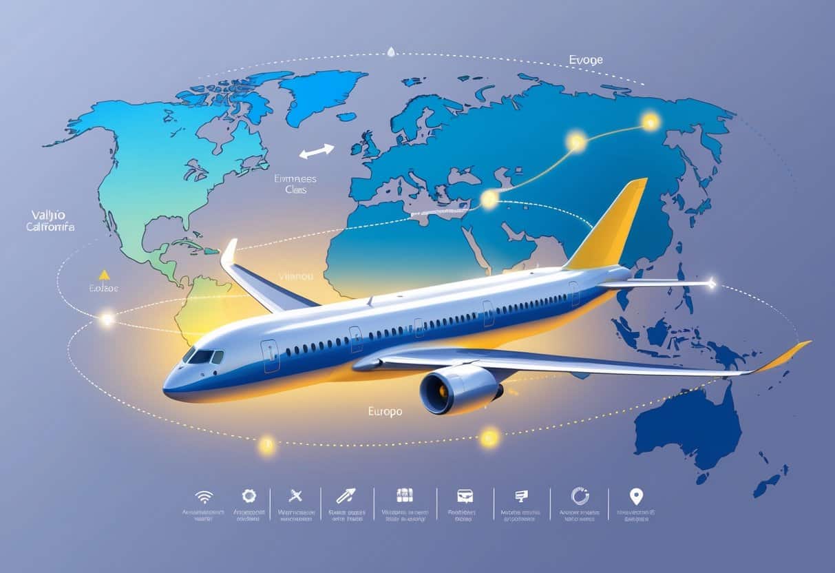 An airplane flying over a map from Vallejo, California to Europe, highlighting major European cities along the flight path.
