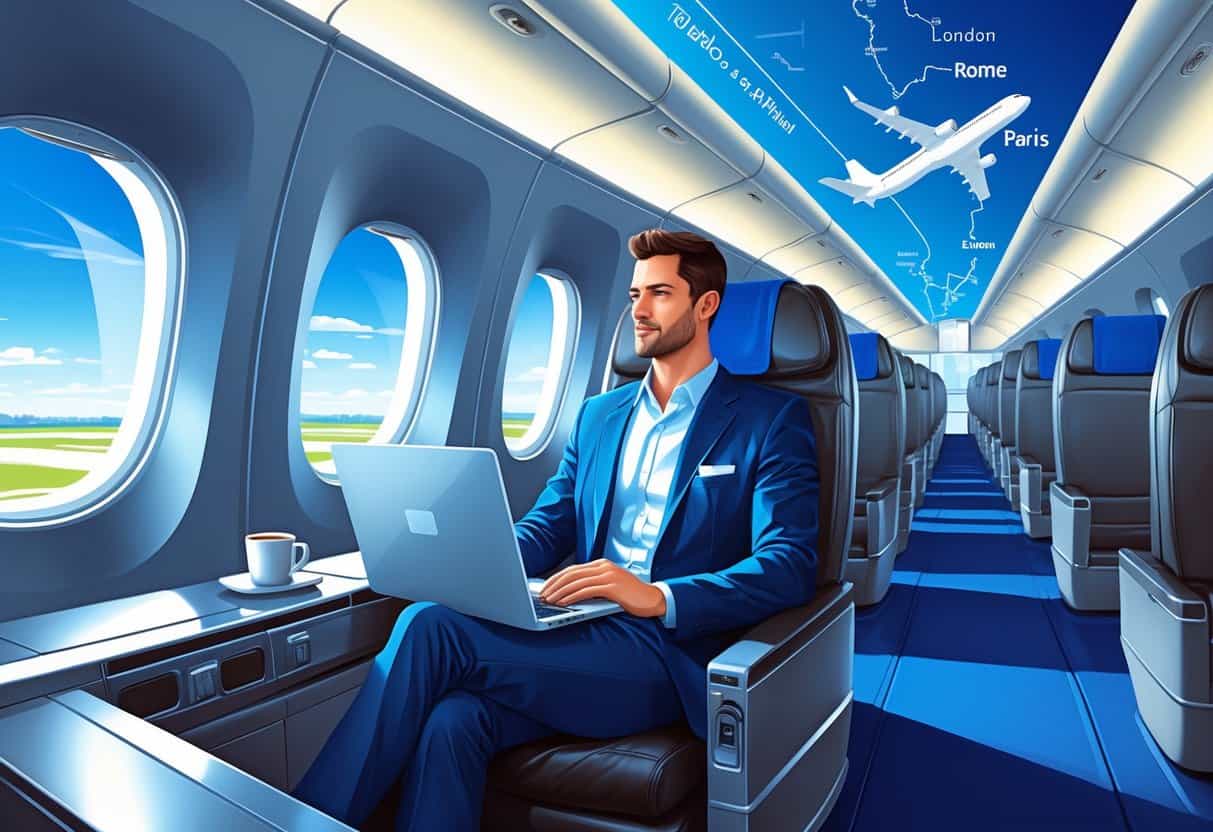 A business traveler seated comfortably in a modern airplane cabin with a view of the sky and a flight path map from Toledo, Ohio to Europe in the background.