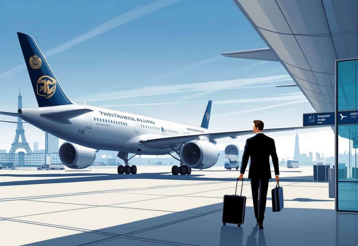 A business traveler walking towards a modern airplane at Toledo airport with European landmarks visible in the background.