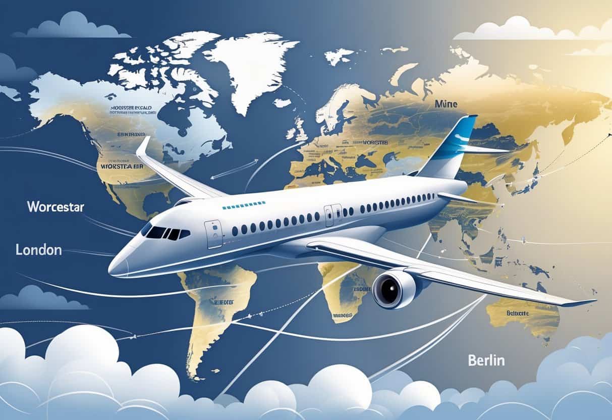 An airplane flying over a map showing Worcester, Massachusetts connected by flight paths to major European cities, representing premium business class travel.