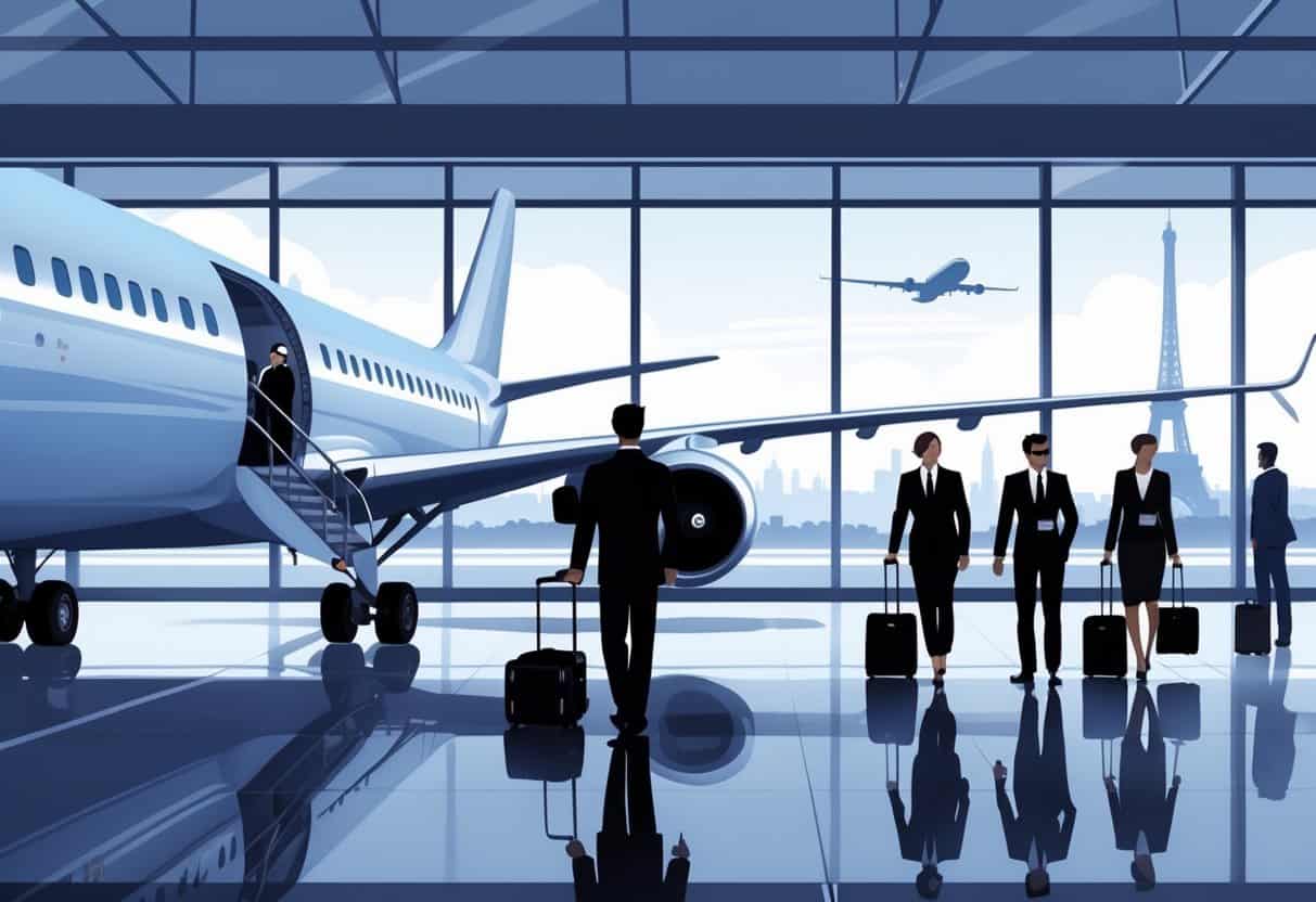 An airport scene showing a business class airplane boarding with business travelers and a lounge area, with European landmarks visible in the distance.