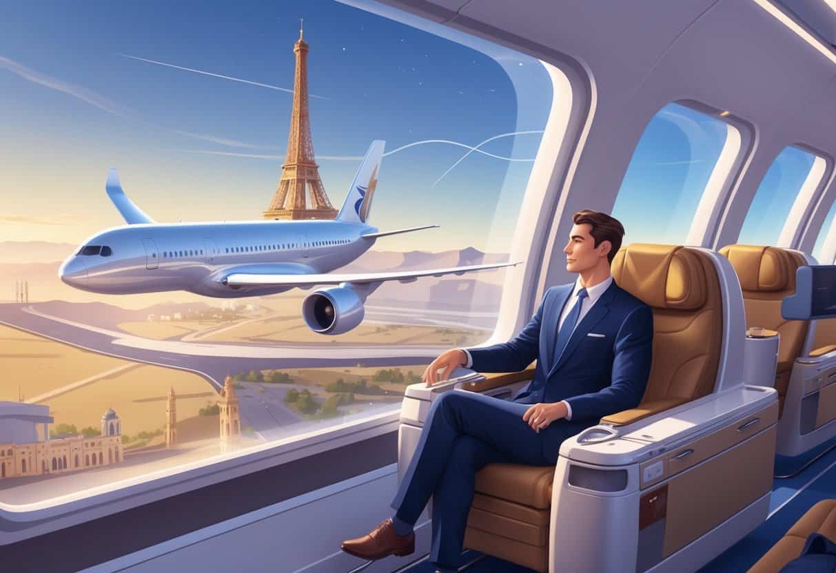 A business traveler boarding a modern airplane with a view of European landmarks from the airplane window and a desert landscape in the background.