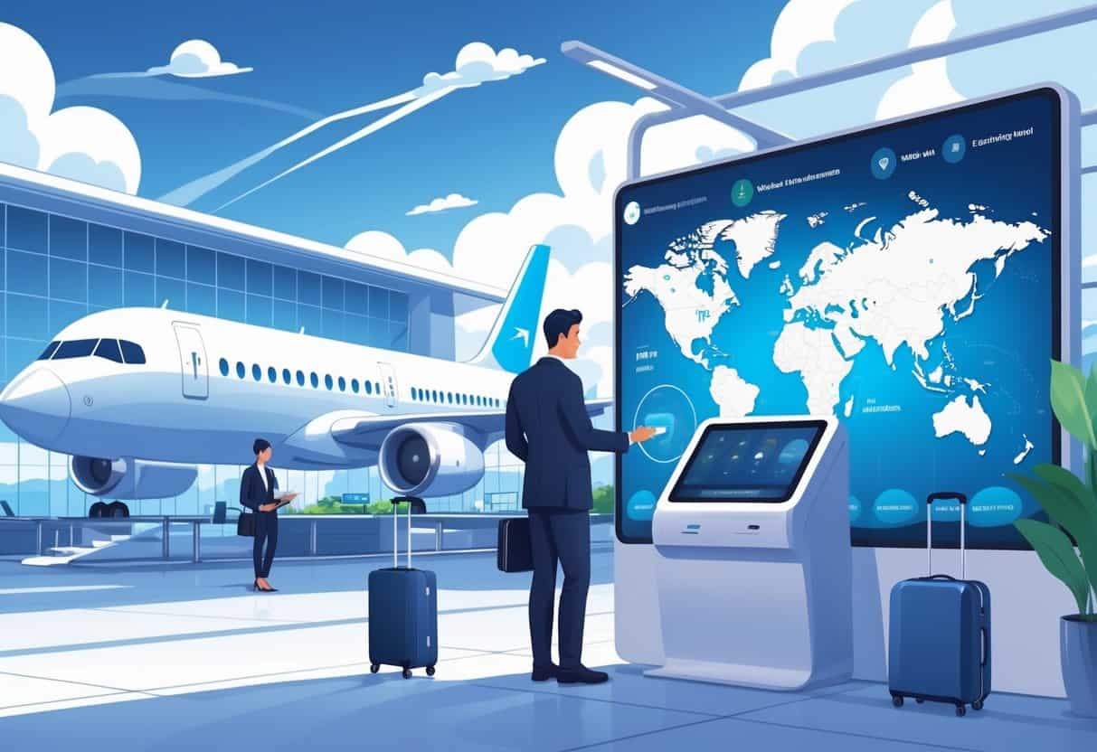 A traveler in business attire uses a digital kiosk at an airport terminal with a plane and a world map showing routes from Victorville to European cities in the background.