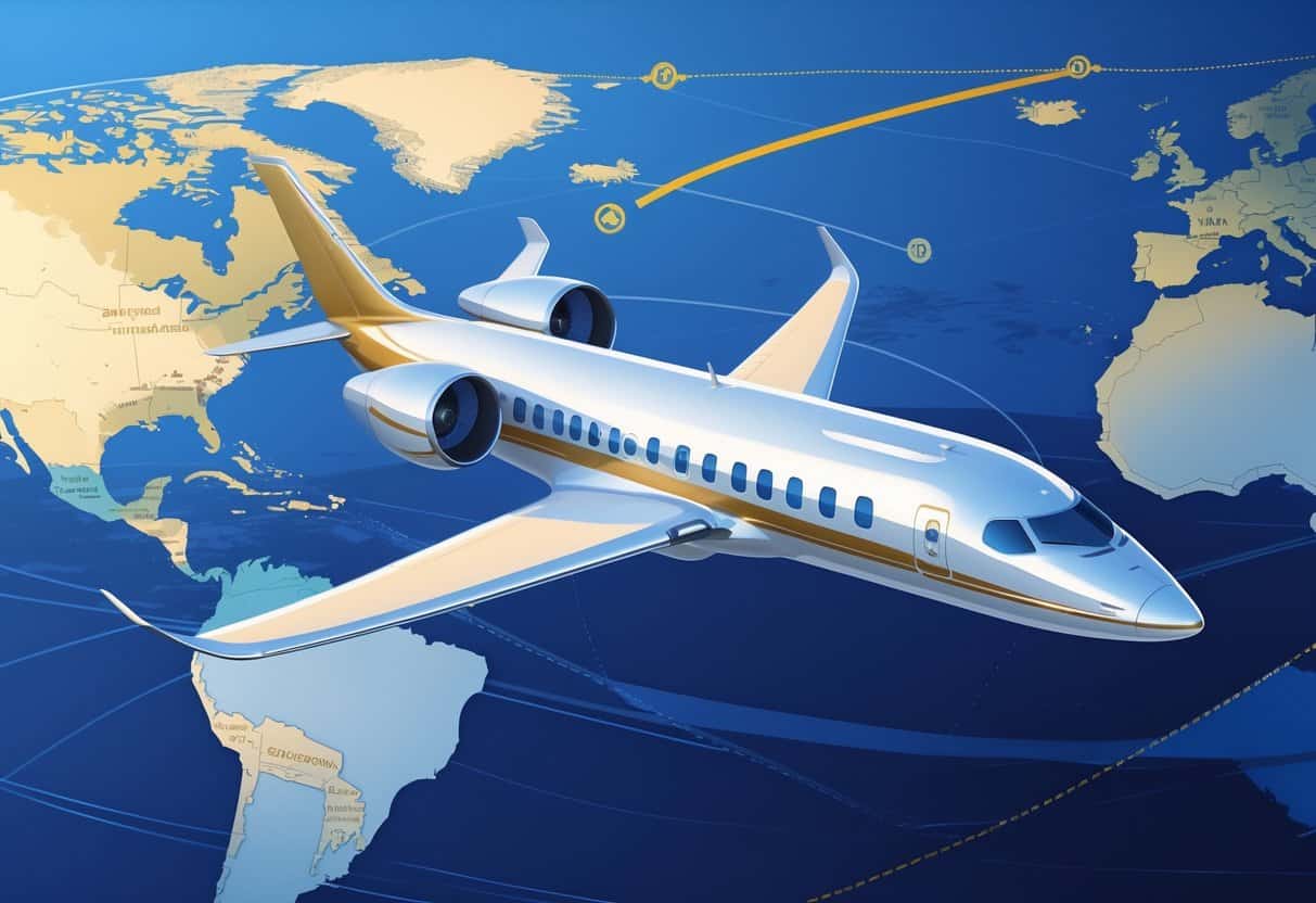 An airplane flying over a map showing a flight route from Tyler, Texas to Europe with highlighted cities and a clear sky background.