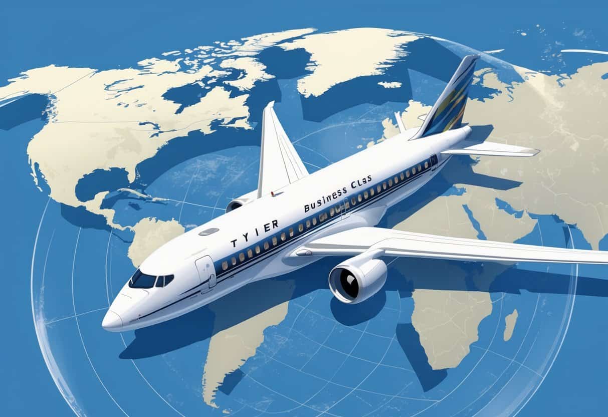 An airplane flying over a map showing Tyler, Texas and major European cities, highlighting a business class flight connection.