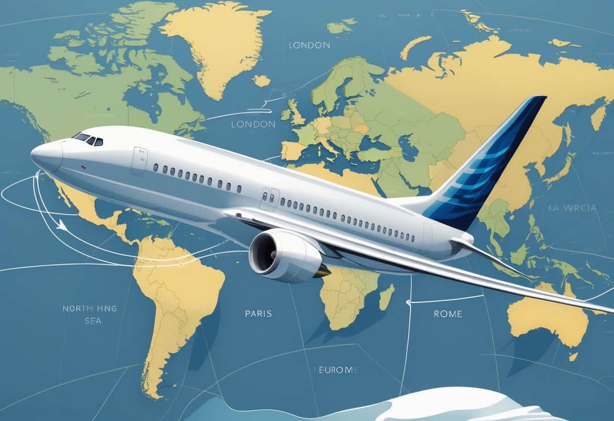 A business class airplane flying over a map showing a flight route from Waco, Texas to Europe.