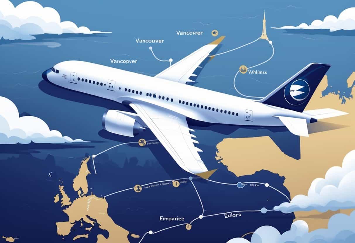 An airplane flying over a map showing a route from Vancouver, Washington to several European cities with landmarks from both locations.
