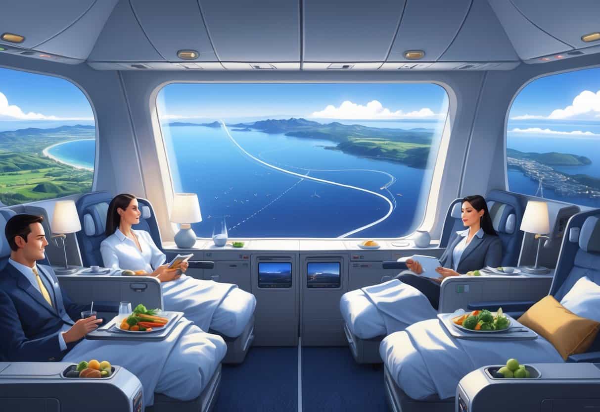Interior of a business class airplane cabin with passengers seated comfortably, showing a flight path from a green landscape to famous European landmarks visible through the windows.