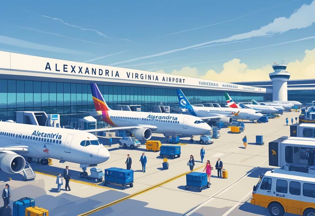 A busy international airport terminal with airplanes, passengers, and airport staff at Alexandria Virginia Airport.