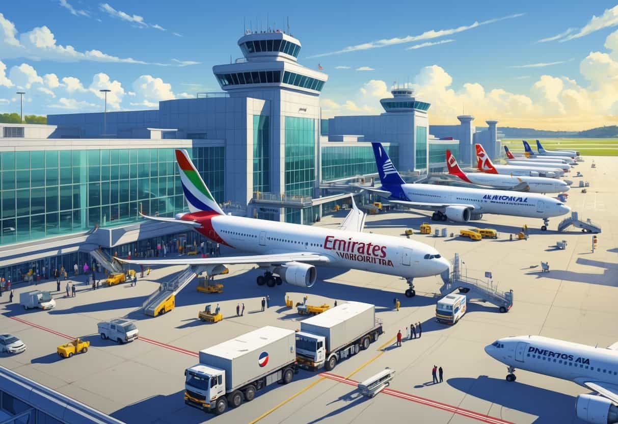 A busy international airport terminal at Alexandria Virginia with planes from major airlines parked at gates, ground vehicles, and passengers moving around.