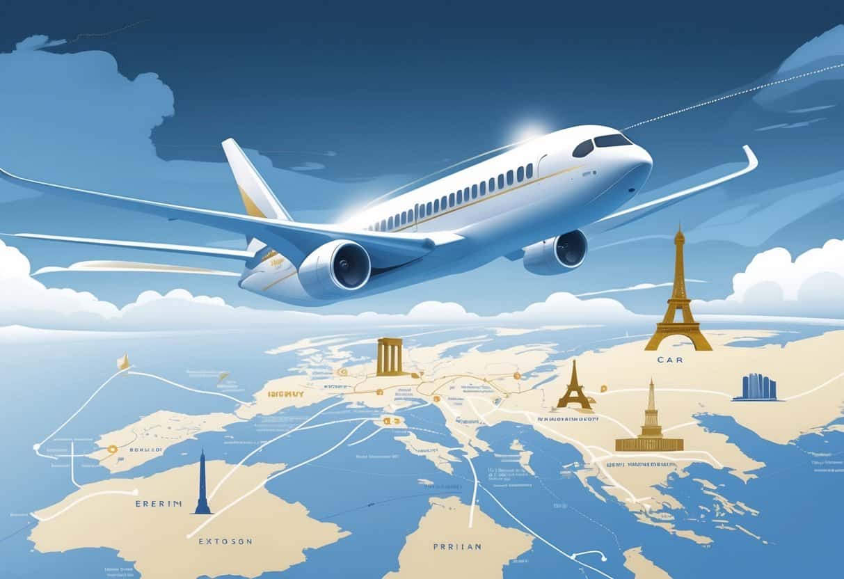 An airplane flying over a map showing a route from Washington DC to Europe with famous landmarks beneath.