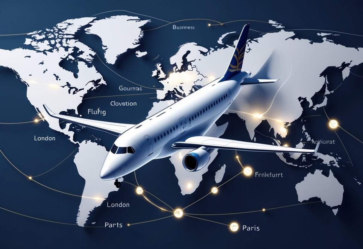 An airplane flying over a map showing flight routes from Washington DC to major European cities with icons representing business class amenities.