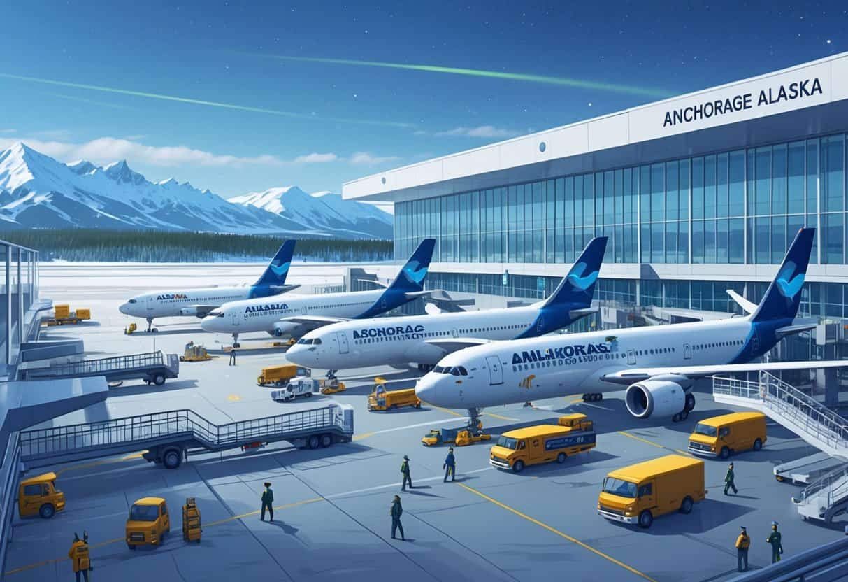 Airport terminal at Anchorage Alaska with international airplanes parked at gates, passengers walking, and snowy mountains in the background.