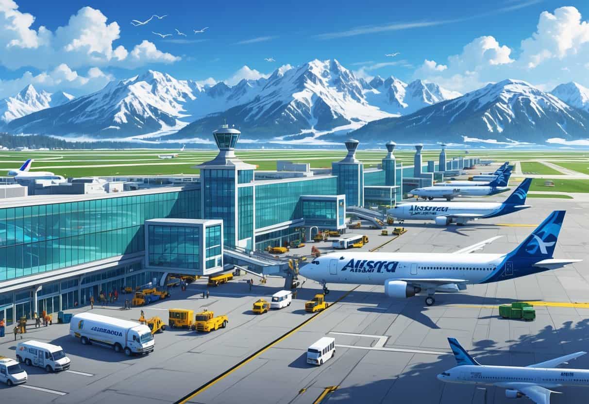 An airport in Anchorage, Alaska with several international airplanes parked near the terminal, surrounded by snow-covered mountains and clear skies.