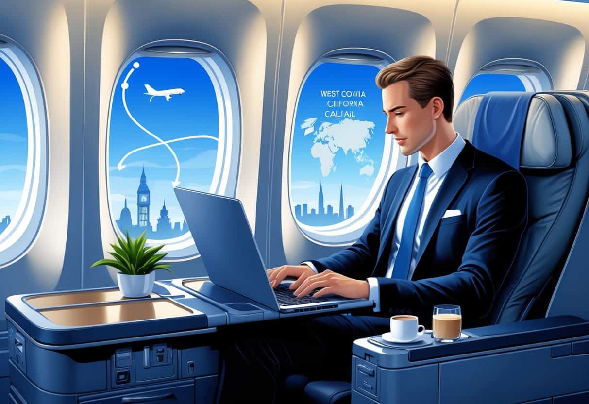A business traveler seated in a luxurious airplane cabin with a laptop, looking out the window at a flight path from California to Europe with city skylines and landmarks visible.