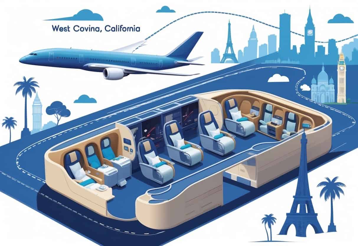 An airplane flying over a map from West Covina, California to Europe with a cutaway view showing passengers enjoying business class seats and amenities.