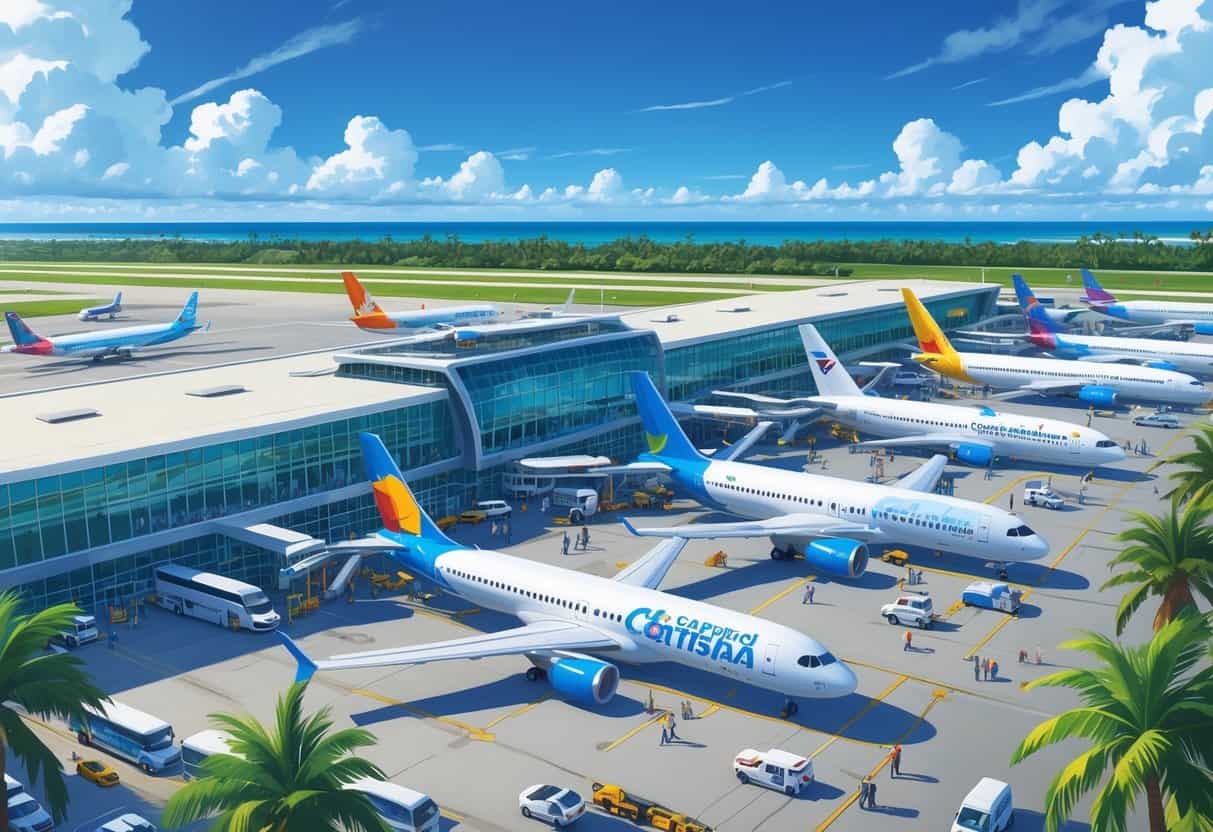 An illustration of Cape Coral Florida Airport with several international airplanes parked at gates, passengers walking, and palm trees around the terminal.