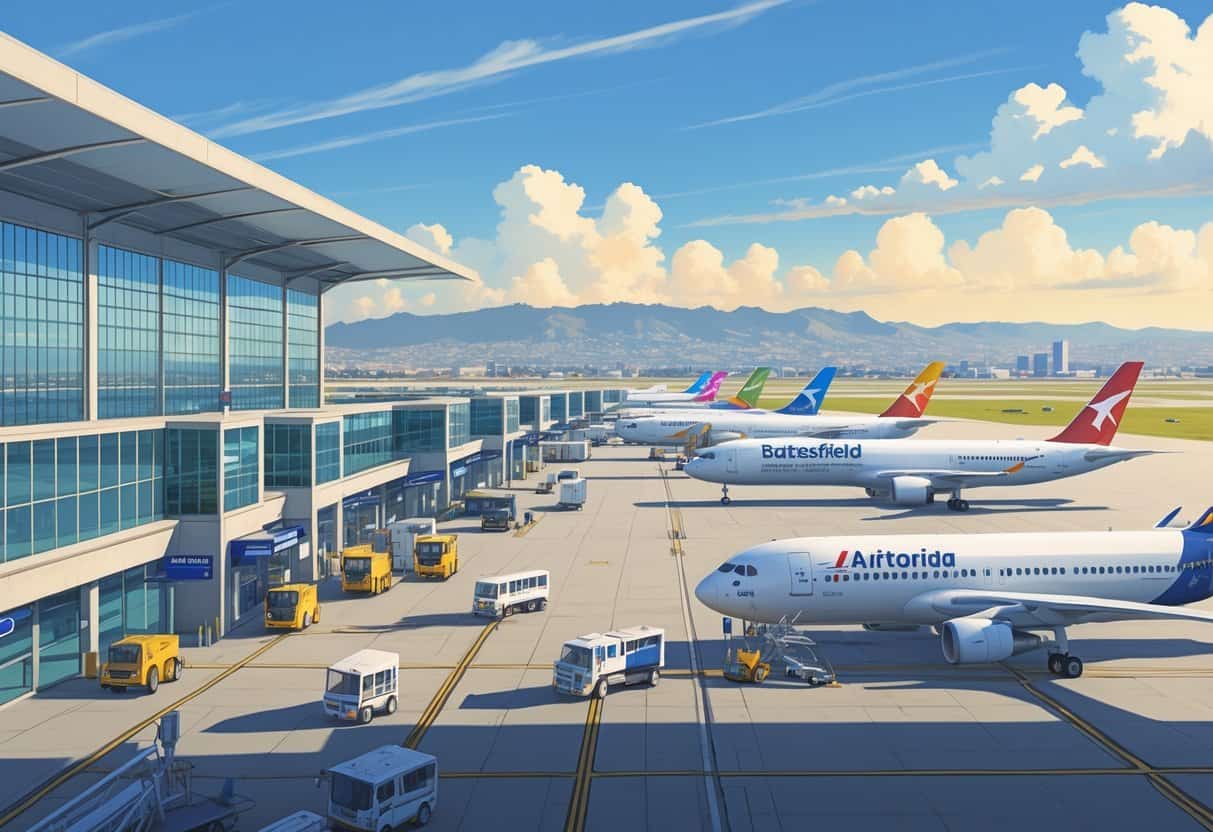 An international airport scene at Bakersfield California Airport showing airplanes from various airlines parked at gates with ground vehicles and the city skyline in the background.