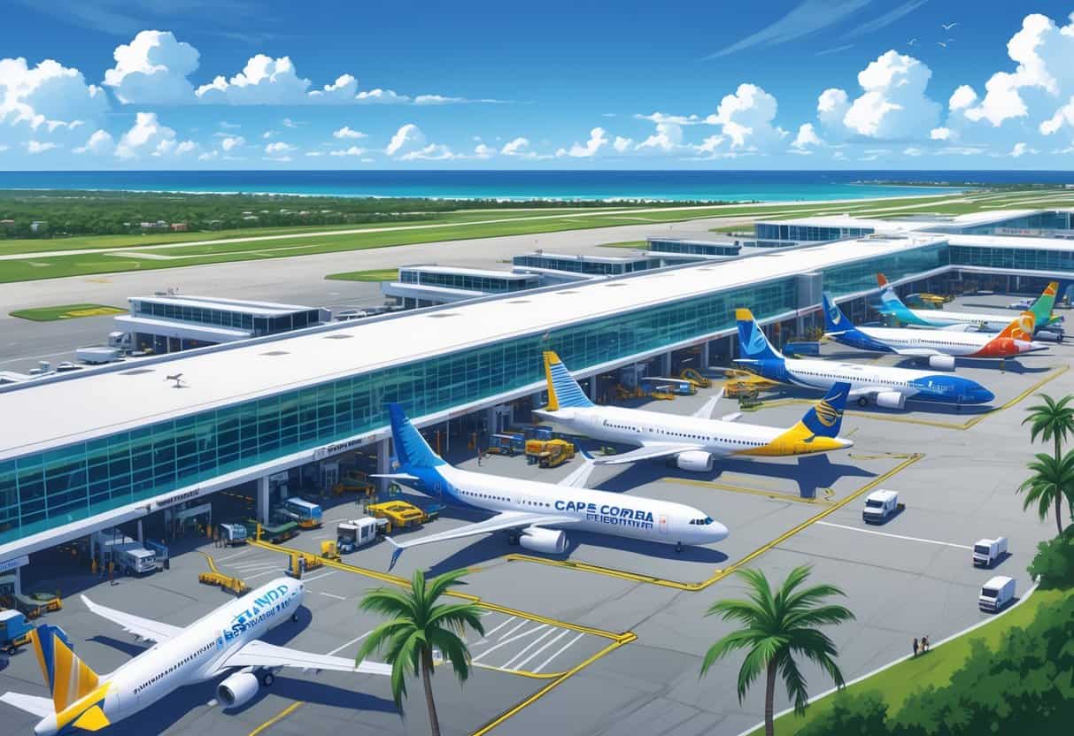 Overview of an airport terminal at Cape Coral Florida with multiple international airplanes parked at gates and ground vehicles around.