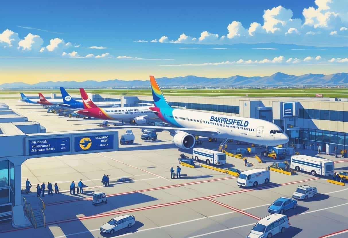 A busy airport terminal at Bakersfield California Airport with several international airplanes parked, airport staff assisting travelers, and mountains visible in the background.