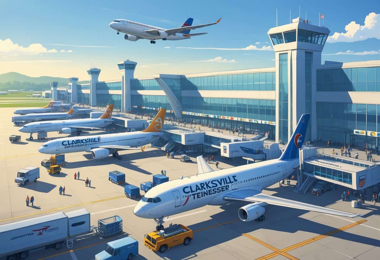 Clarksville Tennessee Airport with airplanes from international airlines at gates, airport staff, and travelers near the terminal under a clear sky.