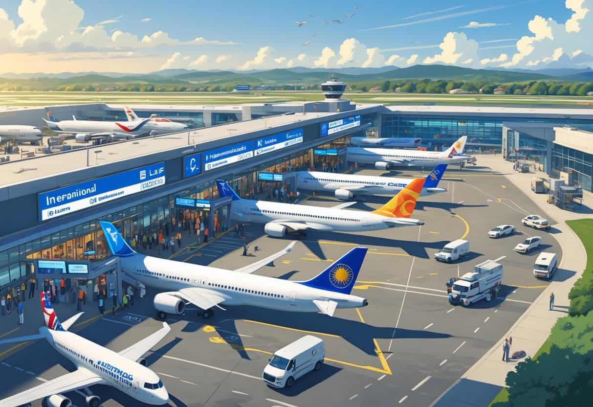 An airport terminal with international flights, airplanes from various airlines at gates, passengers and staff, and flight information displays during the day.