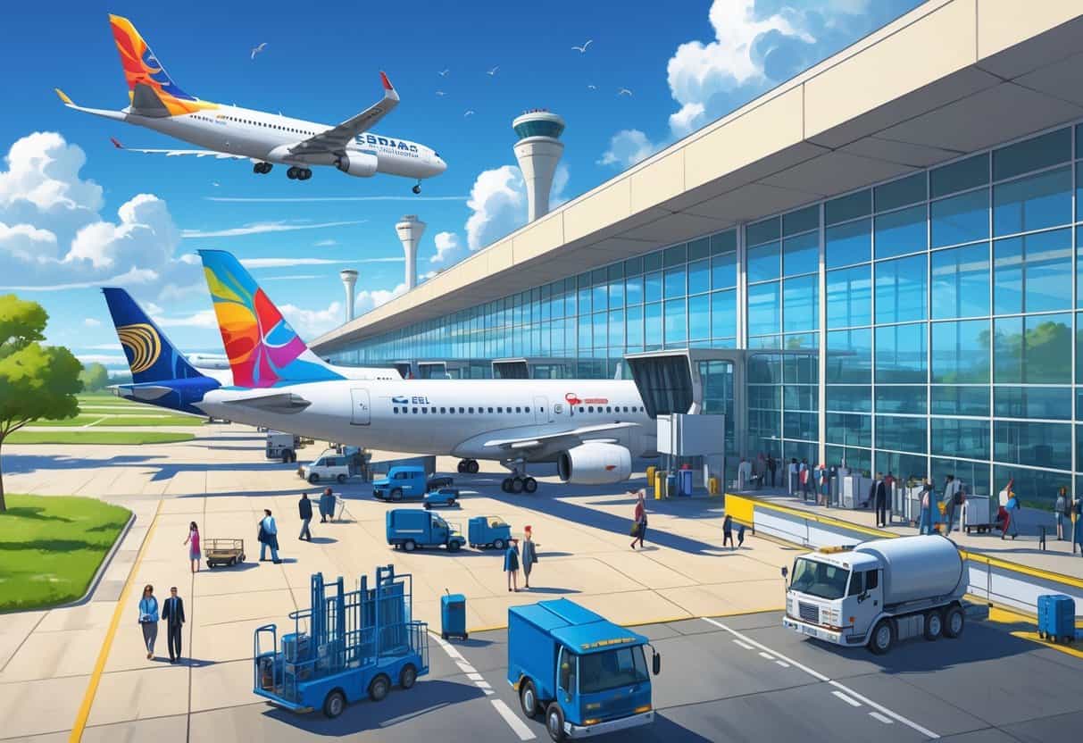 A busy airport terminal with multiple international airplanes parked at gates and passengers walking inside.
