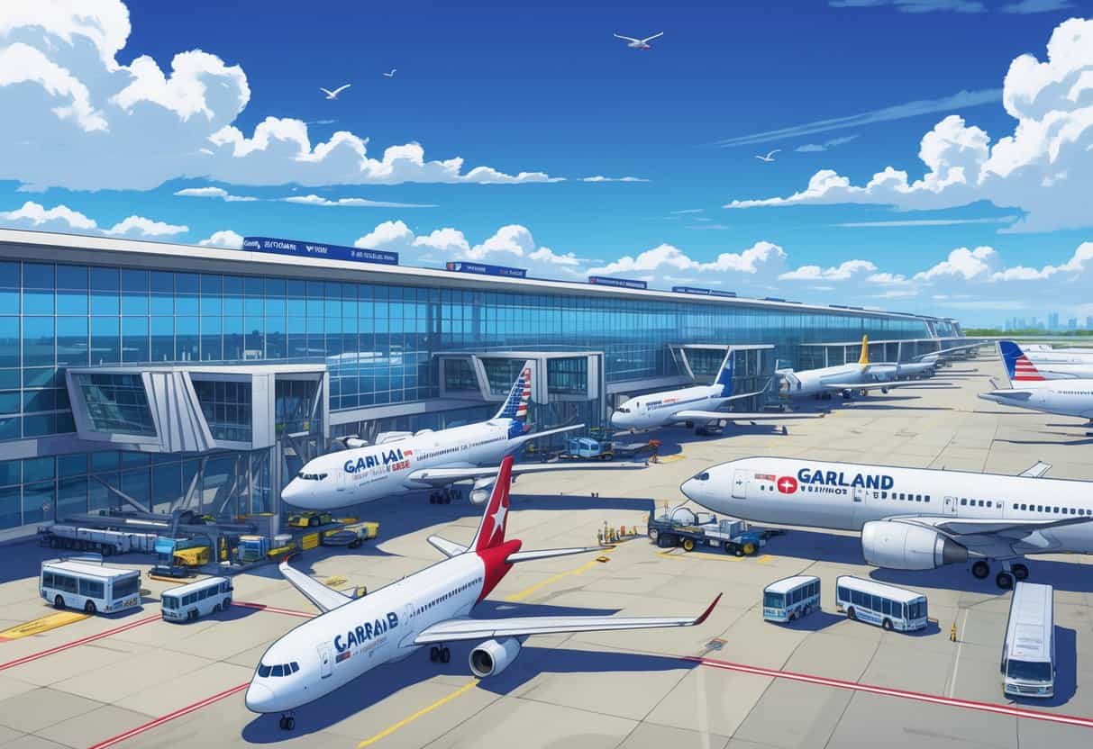 A busy international airport terminal at Garland Texas with several large airplanes from different global airlines parked at gates, ground service vehicles nearby, and travelers moving around under a clear sky.