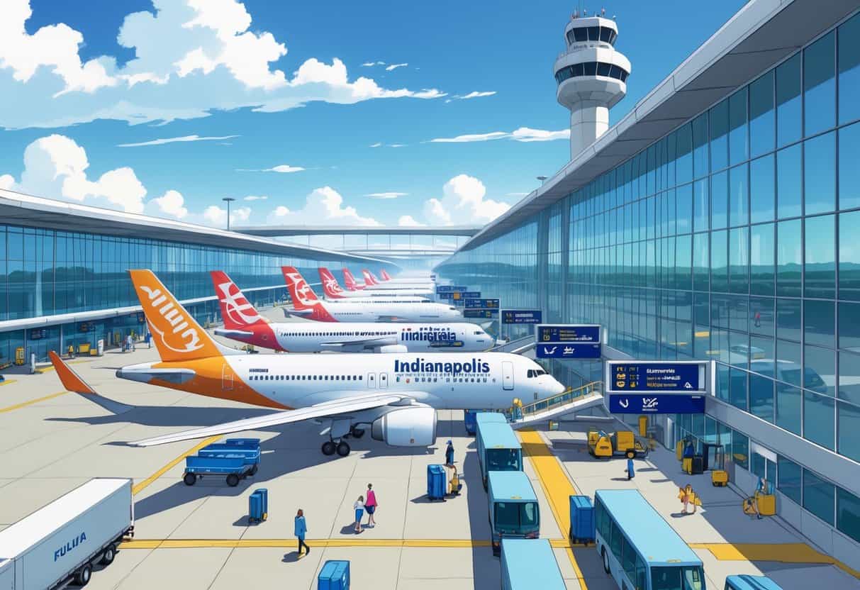 An international airport terminal at Indianapolis with airplanes parked at gates, travelers walking with luggage, and airport vehicles on the tarmac under a clear sky.