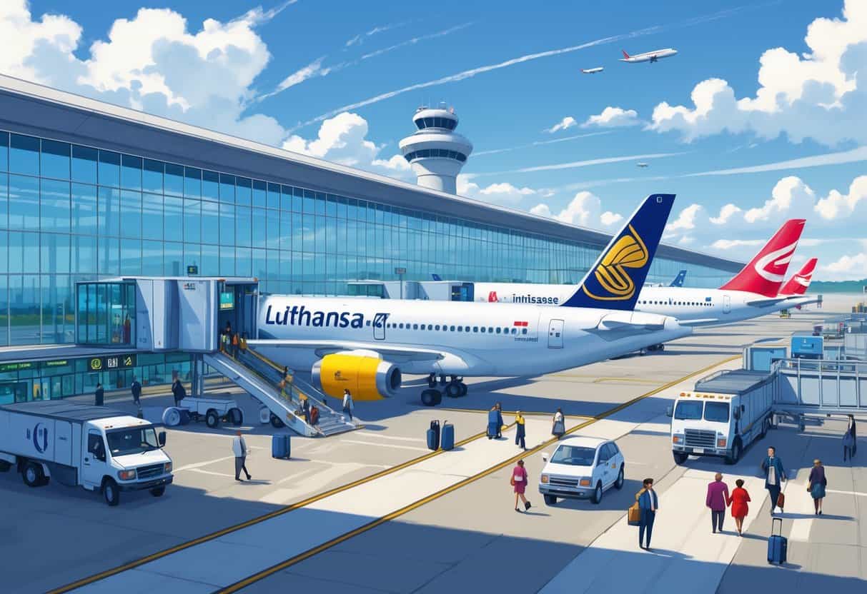A busy airport scene showing several international airplanes parked at gates outside a modern terminal with passengers walking nearby and airport vehicles on the tarmac.