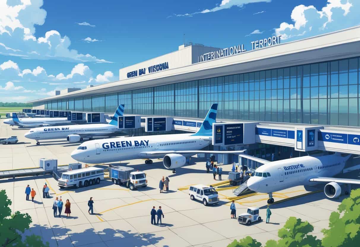 A busy international airport terminal in Green Bay, Wisconsin, with airplanes at gates, passengers walking, and airport staff working.