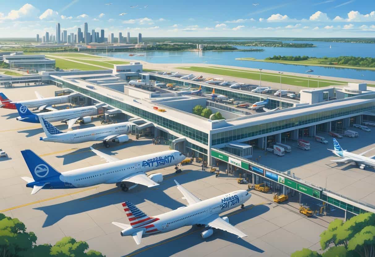 An airport terminal at Green Bay Wisconsin with several international airplanes parked at gates and passengers moving through the area.