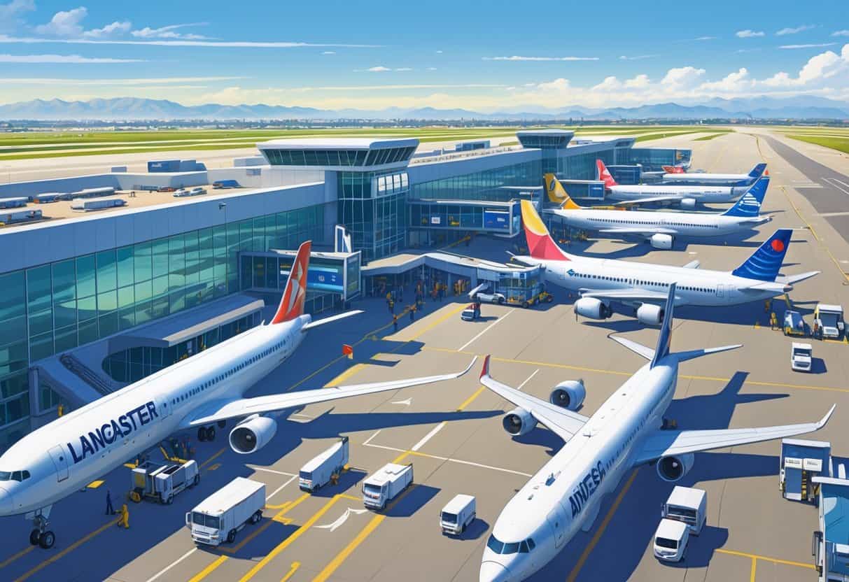 Lancaster California Airport with several international airplanes parked at gates, airport terminal, and ground vehicles under clear skies.