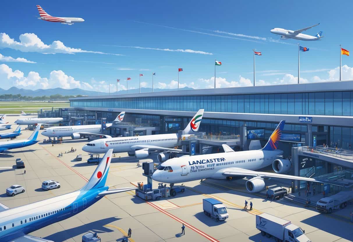 Airport terminal at Lancaster California with international airplanes at gates, passengers boarding, and ground crew working under a clear sky with mountains in the background.