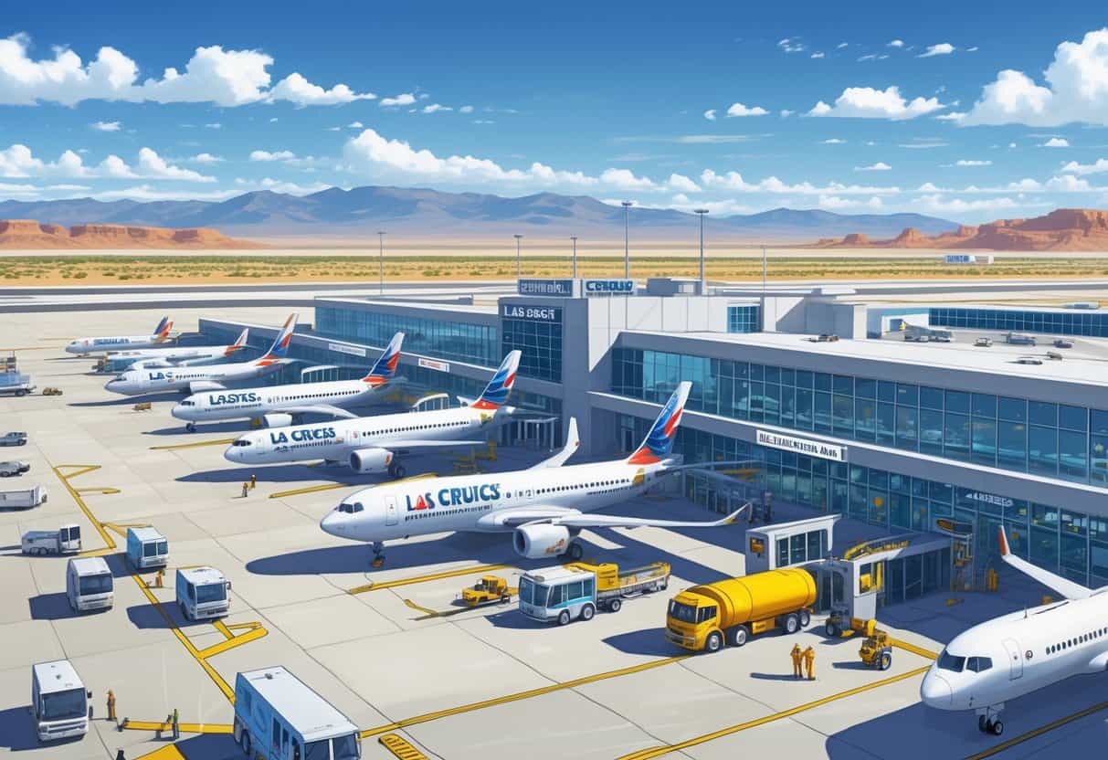 Las Cruces New Mexico Airport with several international airplanes parked at gates, airport staff and vehicles around, set against a desert landscape with mountains.