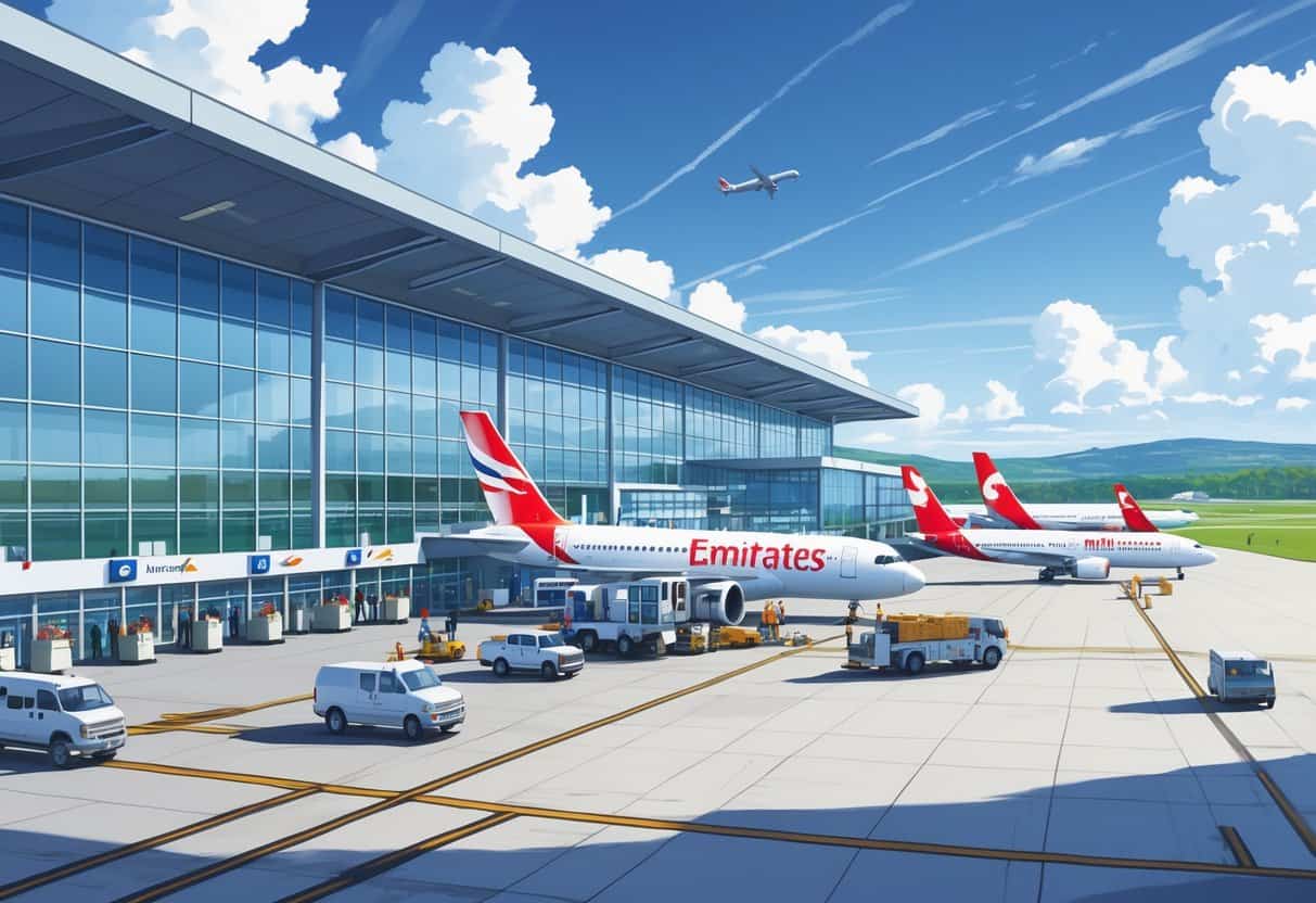 A busy airport terminal at Manchester New Hampshire with airplanes from various international airlines parked at gates and airport staff working on the tarmac.