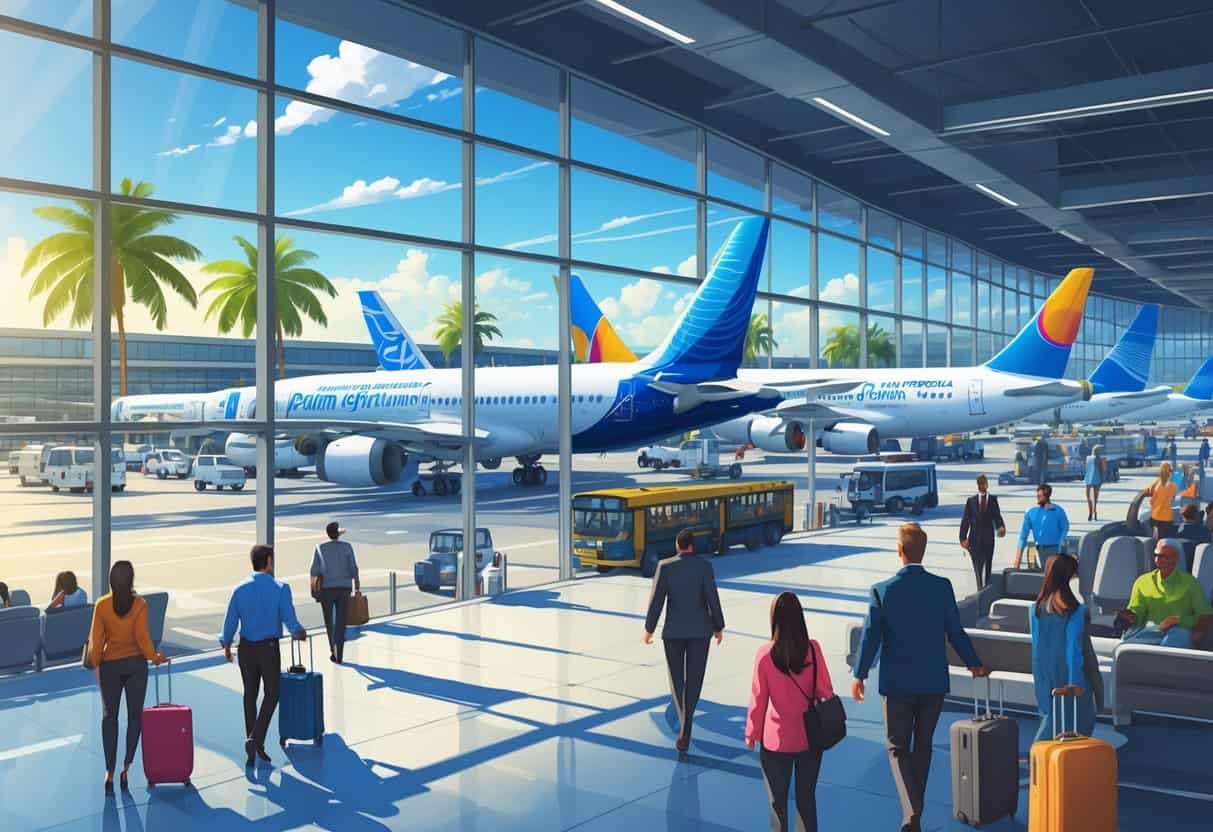 A busy international airport terminal in Port St. Lucie, Florida, with airplanes from various airlines parked at gates, passengers walking with luggage, and palm trees visible outside.