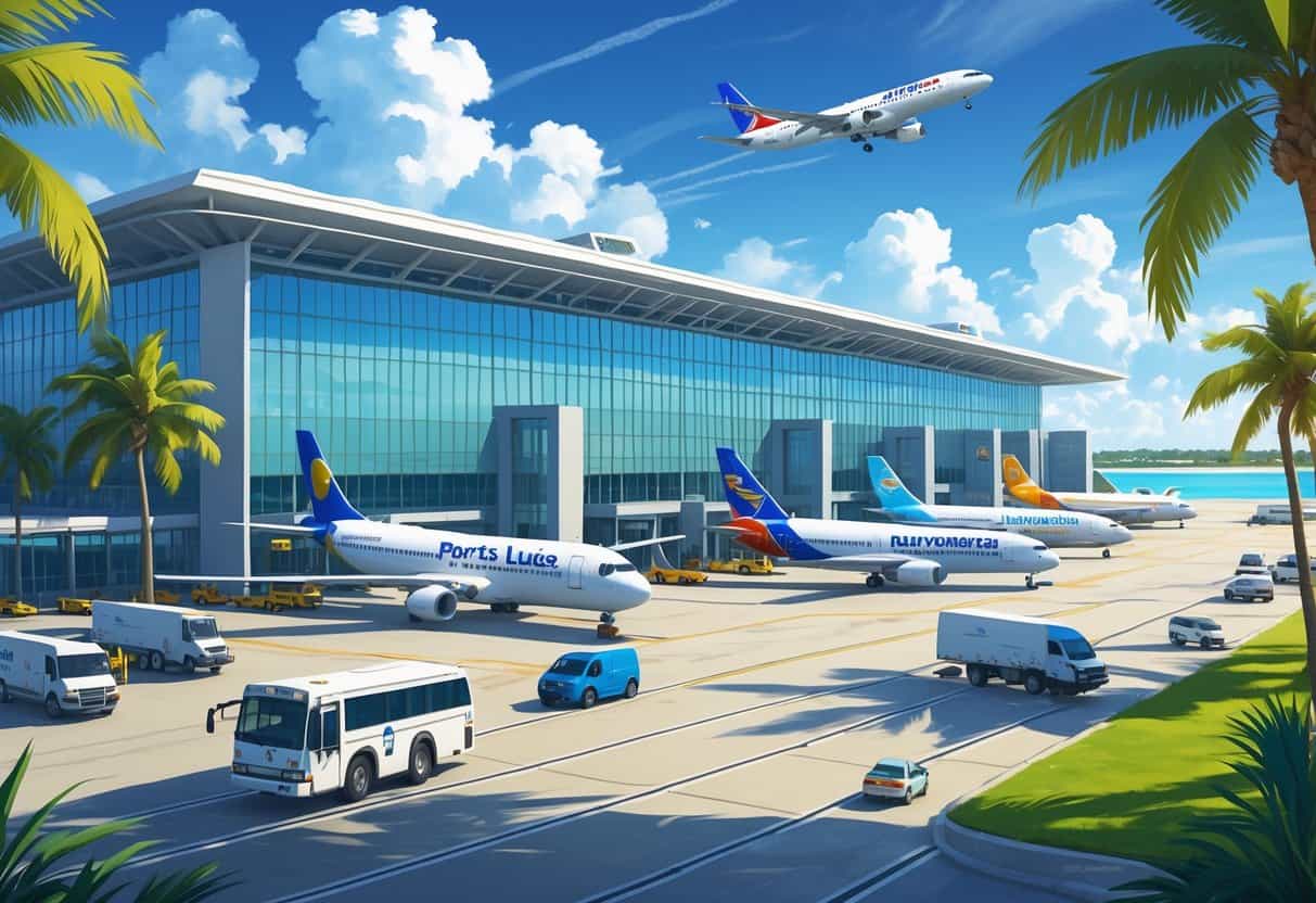 An airport terminal with airplanes from international airlines parked and taxiing, surrounded by palm trees and clear skies near the coast.